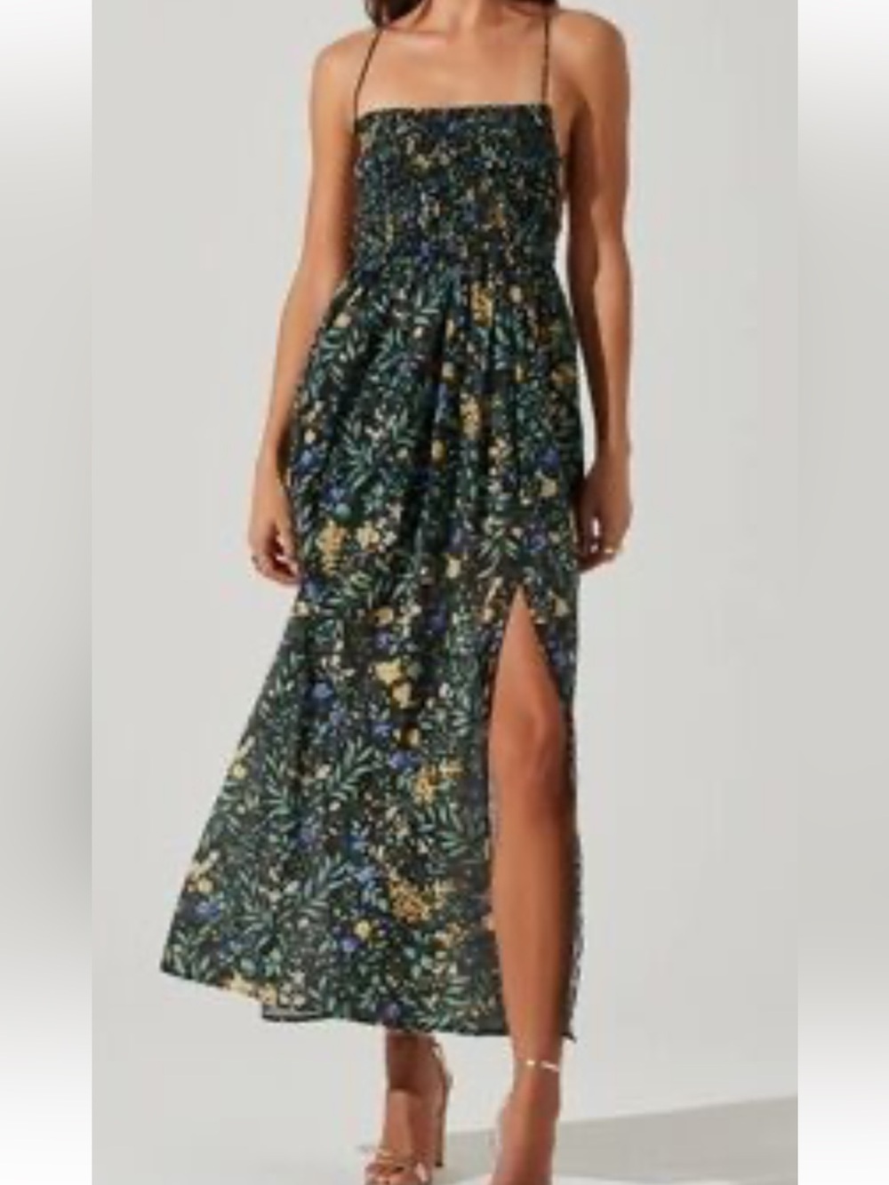 Astr Black Floral Maxi Dress with Lace-Up Back and Smocked top